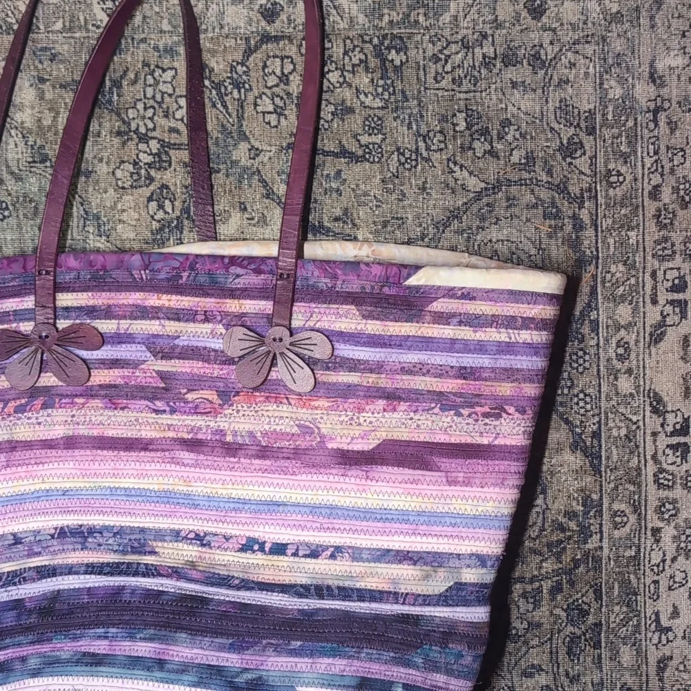 Woven Cloth & Leather Vintage Purple and Lavender Fabric Striped Tote Bag Floral